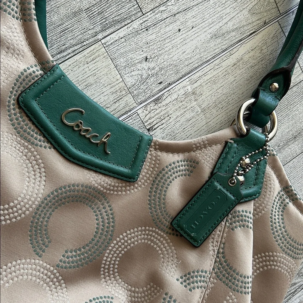 Coach Factory Ashley Dotted op art Tan and Green Shoulder Bag 2014